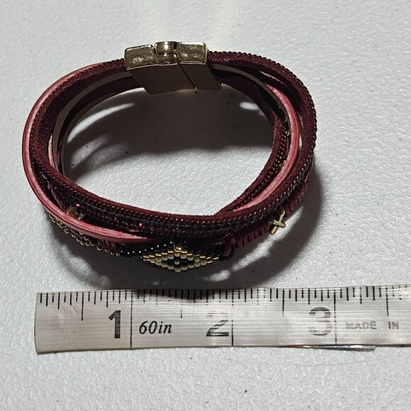 Boho Handmade Red Multi Layer Leather Stacked Bracelet Beaded Design Jewelry - Picture 7 of 7